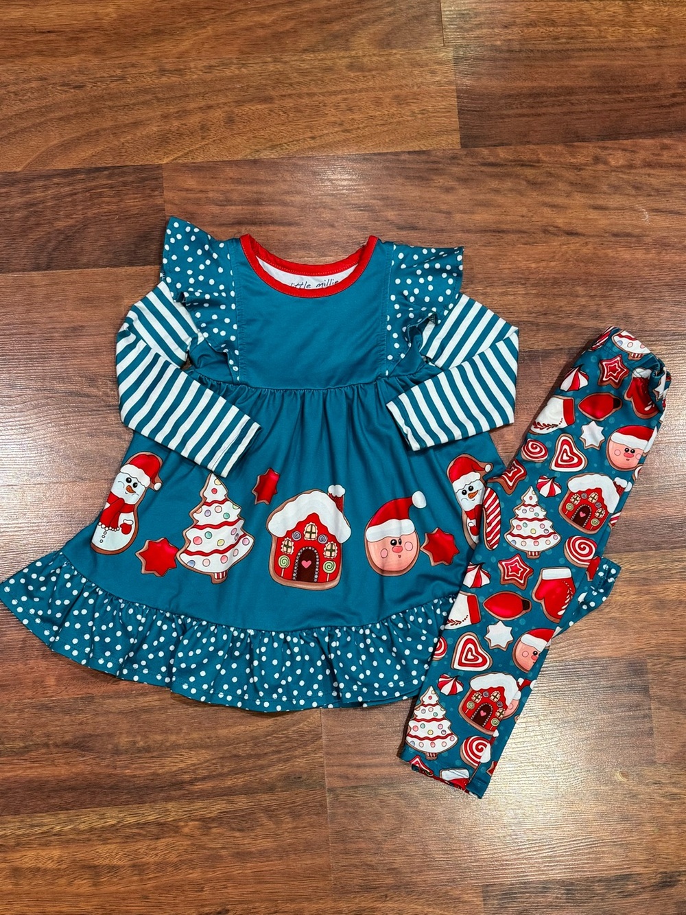 Little Millie - Teal Christmas Dress & Leggings Set